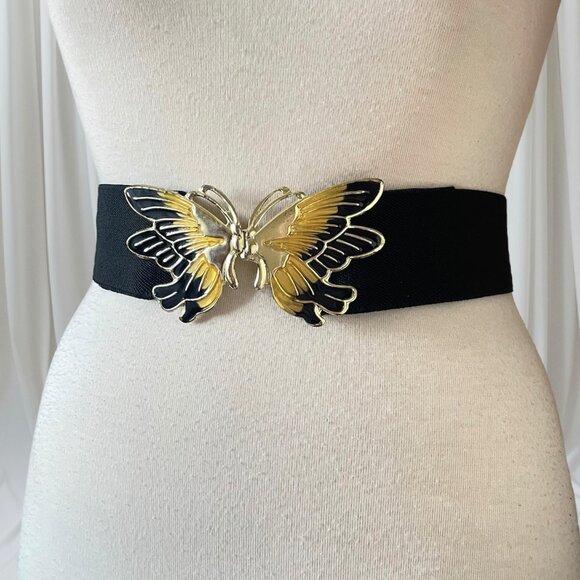 Vintage Accessories - Vintage 80s Butterfly Gold Tone & Black Wide Stretch Cinch Belt